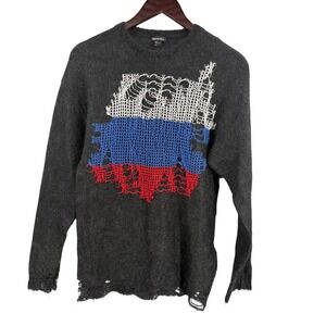Brusnika Crafted Knitwear Sweater Mens S Gray Mohair Blend Distressed Flag